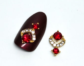 2 pieces Jewelry Red Crystals with Clear Rhinestones  3D metal nail charms art High quality nail design decals