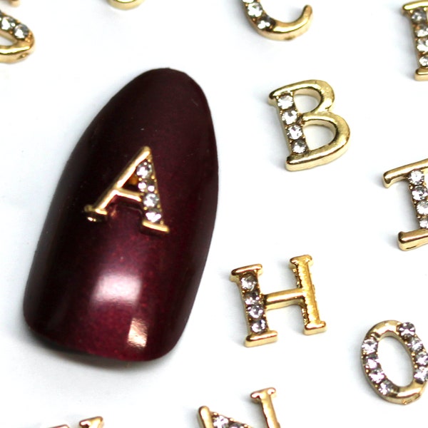 2 charms English Gold Letters Alphabet Gems studded Alloy Rhinestones  3D metal nail charms art High quality design decals