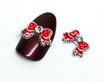 2 pieces Jewelry red Bow Silver with Rhinestones  3D metal nail charms art High quality nail design decals