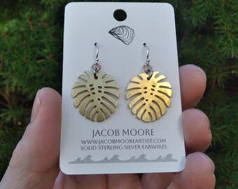 Earrings Silver Womens jewelry monstera leaf earrings forest brass jewelry unique Gift botanical