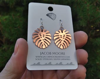 Earrings Silver Womens jewelry monstera leaf earrings forest copper jewelry unique Gift botanical