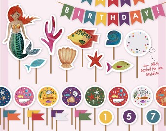 Muffin Topper Kindergeburtstag, Meerjungfrau Deko, Muffin Deko Geburtstag, Kuchen Deko, download, Geburtstag , Kuchen Topper Meerjungfrau