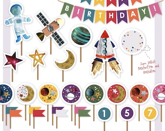 XXL-Set Weltraum Geburtstags Deko, Weltraum Party, Muffin Topper Kindergeburtstag, Muffin Deko, download, Geburtstag , Kuchen Topper Rakete