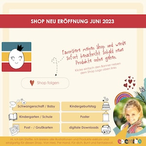 K&ouml;nnte beinhalten: Eine bunte Grafik mit dem Text "SHOP NEU ER&Ouml;FFNUNG JUNI 2023" oben. Die Grafik zeigt eine Comicfigur mit einer Krone, ein Herz mit dem Text "Shop folgen" und verschiedene Illustrationen von Produkten, darunter ein Baby, eine Geburtstagstorte, ein Buch, ein Poster und ein Drucker. Der Text "Favorisiere meinen Shop und werde sofort benachricht sobald neue Produkte online gehen. Klicke einfach den Banner neben dem Shop Logo oben links" ist handschriftlich geschrieben. Die Grafik enth&auml;lt auch den Text "esemico" und eine Bienenillustration.