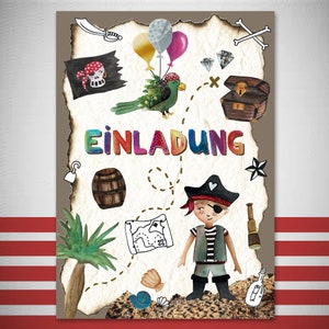 K&ouml;nnte beinhalten: Eine farbenfrohe Einladung mit Piraten-Motiv. Die Einladung zeigt eine Schatzkarte, einen Papagei, einen Piraten, eine Schatztruhe und das Wort "EINLADUNG" in Regenbogenfarben.