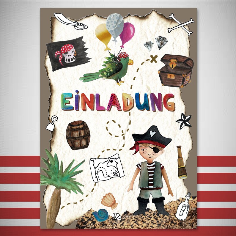 K&ouml;nnte beinhalten: Eine farbenfrohe Einladung mit Piraten-Motiv. Die Einladung zeigt eine Schatzkarte, einen Papagei, einen Piraten, eine Schatztruhe und das Wort "EINLADUNG" in Regenbogenfarben.