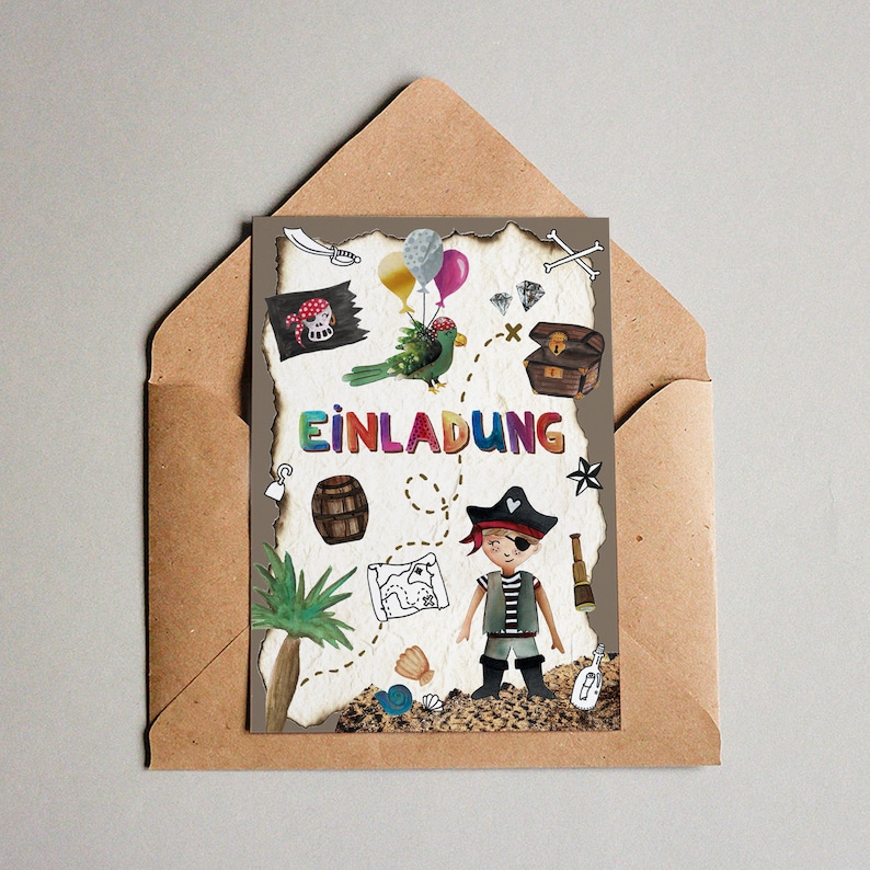 Einladung Piratengeburtstag, Piraten Party Kind, Kindergeburtstag, Einladungskarten personalisierbar zum Beschriften, Geburtstagseinladung Einladung + Umschlag