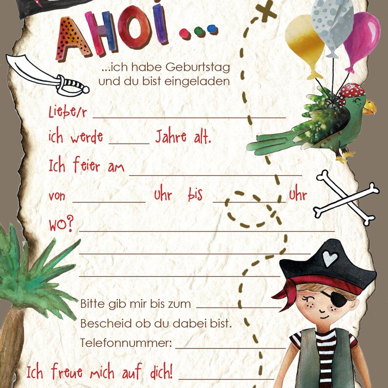 K&ouml;nnte beinhalten: Ahoi! Eine Piraten-Geburtstagseinladung mit einem Comic-Piraten und einem Papagei. Die Einladung bietet Platz zum Ausf&uuml;llen des Alters, Datums, der Uhrzeit und des Ortes des Geburtstagskindes.