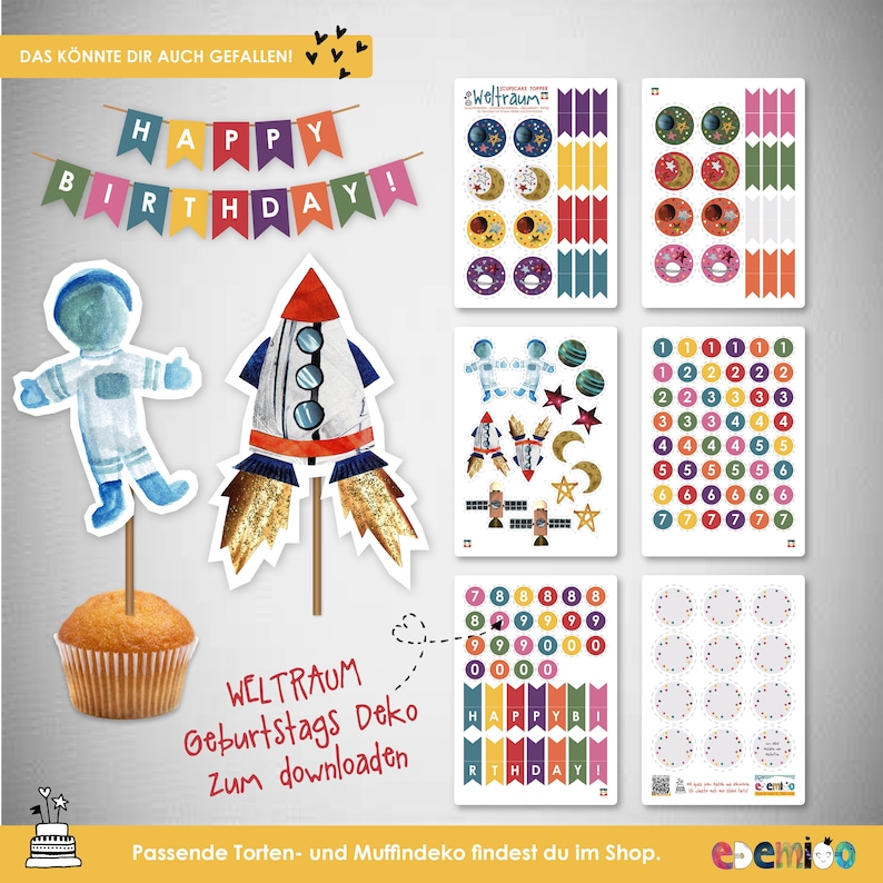 K&ouml;nnte beinhalten: Druckbare Weltraum-Geburtstagsdekorationen, darunter ein Banner mit der Aufschrift "Happy Birthday!" und Cupcake-Topper mit einem Astronauten und einer Rakete. Das druckbare Set enth&auml;lt auch Aufkleber, Zahlen und Kreise.