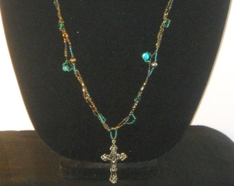 Glass Beaded Chain Necklace in Teal and Bronze with Ormate Crucifix. Nice gift for a Christian friend. Easter gift.