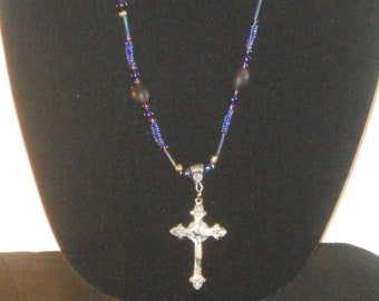 Glass Beaded Necklace in Purple and Blue with Crucifix. Rosary like, but not a rosary. Nice gift for a Christian friend.