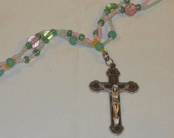 Beaded Chain Crucifix Necklace  in Pink and Mint Green. Pendant Necklace, Gift for Christian, Easter Necklace