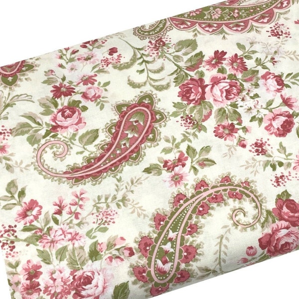 Shabby Paisley Fabric, Pink Roses, Floral Fabric by the yard, Fat Quarter, Quilting, Apparel, 100% Cotton, B1-12-