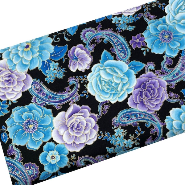 Purple and Blue Flowers Fabric by Hi-Fashion Fabrics, Metallic Floral, Fabric by the yard, Quilting, Apparel, 100% Cotton, R4-26..