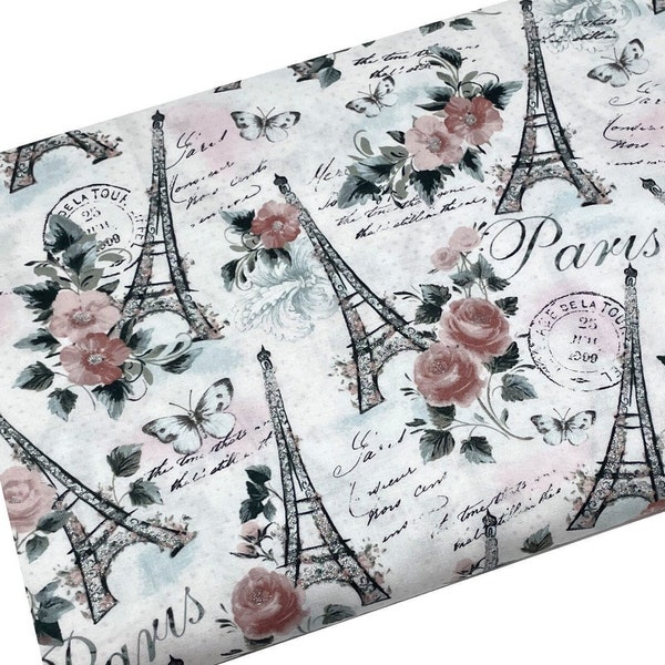 Glitter Eiffel Tower Fabric, Mauve Floral Paris, Fabric by the yard, Fat Quarter, Quilting, Apparel, 100% Cotton, B2-23.