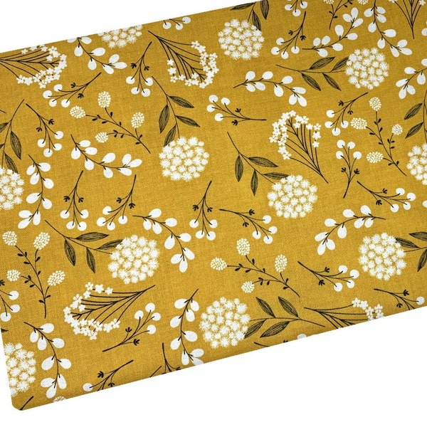 Mustard Woodland Fabric, Yellow Wild Flower Fabric, Fabric by the yard, Fat Quarter, Quilting, Apparel, 100% Cotton, B3-14..