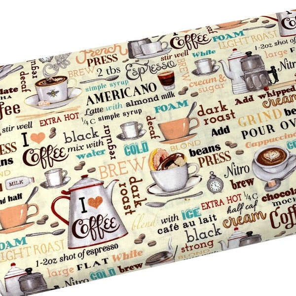 Coffee Shop  Fabric, Cups Mugs Latte Espresso Fabric, Fabric by the yard, Fat Quarter, Quilting, Apparel, 100% Cotton, B4-10.