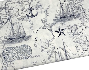 Nautical Map Fabric by the Yard, Navy Old World Map, Ships and Stars, Quilting Cotton B9.2