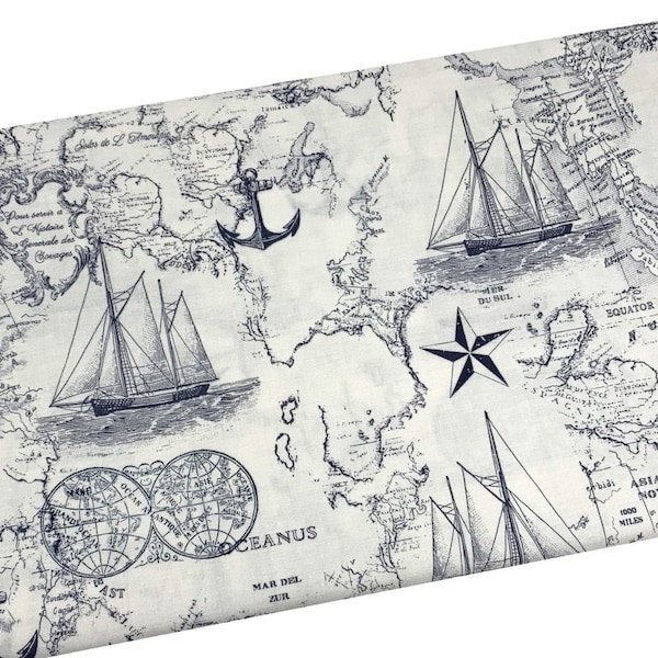 End of the Bolt 15" by 44" Nautical Map Fabric, Old World Map, Quilting Fabric, Apparel, 100% Cotton