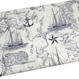 Nautical Map Fabric, Navy Old World Map, Fabric by the Yard, Ships and Stars, Quilting, Apparel, 100% Cotton B9-2