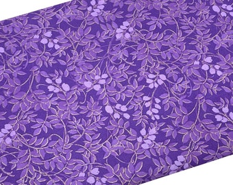 Purple and Metallic Gold Leaf Fabric, Flowers and Leaves, Fabric by the yard, Fat Quarter, Quilting, Apparel, 100% Cotton, B1-15..