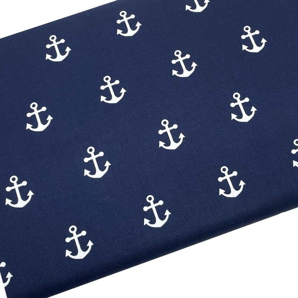 White Anchor on Navy Fabric, Nautical Fabric, Fabric by the yard, Fat Quarter, Quilting, Apparel, 100% Cotton, B9-3..