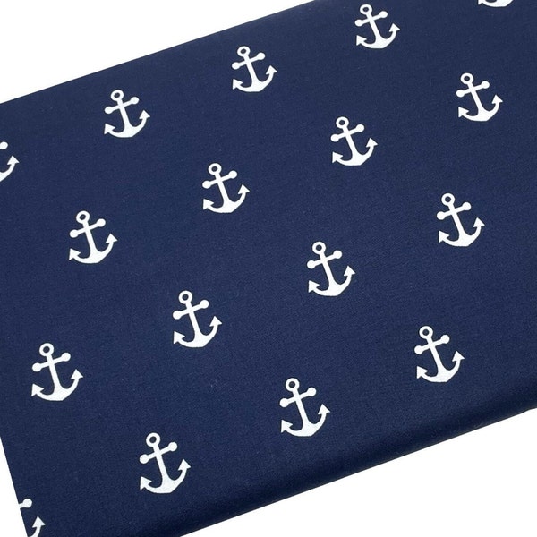 End of the Bolt 9" by 44" White Anchor on Navy Fabric, Nautical Fabric, Quilting, Apparel, 100% Cotton