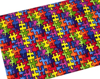 1 Half Yard 18 x 42 Puzzle Pieces Ribbons Autism Awareness Cotton Fabric DIY Mask Making