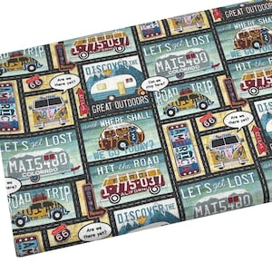Camping Fabric, Lets Get Lost by Kate Ward for Spring Creative, Road Trip, Fabric by the yard, Quilting, Apparel, 100% Cotton, B2-27