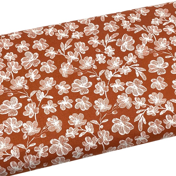 Rust Floral Cotton Fabric, Small White Flowers,  Fabric by the yard, Fat Quarter, Quilting, Apparel, 100% Cotton