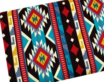 End of the Bolt 11"x 44" Tribal Turquoise Fabric, Western Aztec, Quilting Cotton