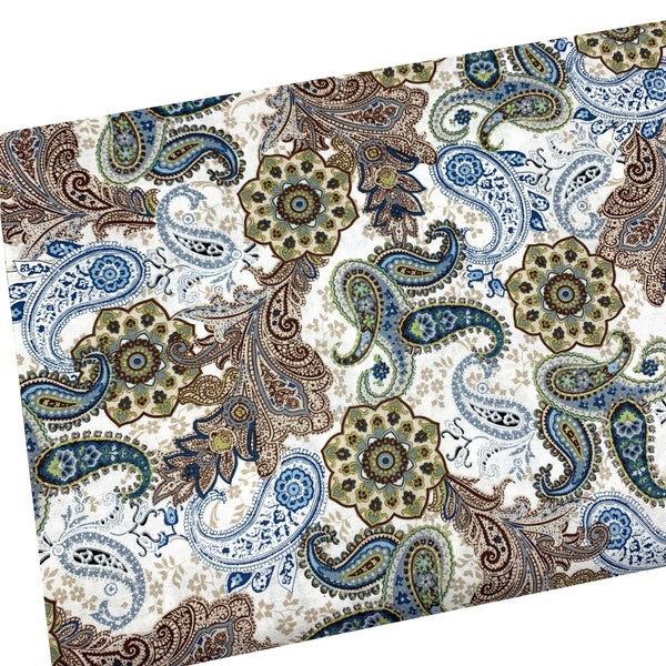 Blue and Brown Floral Paisley Fabric, Fabric by the yard, Fat Quarter, Quilting Fabric, Apparel, 100% Cotton, R3-33..