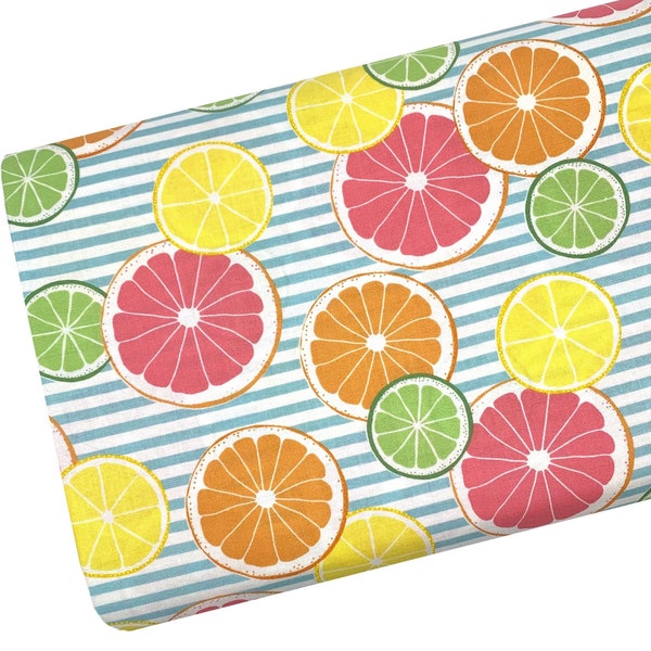 Citron on Stripes Cotton Fabric, Lemons and Oranges, Fabric by the yard, Fat Quarter, Quilting, Apparel, 100% Cotton ..