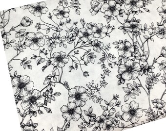 Black & White Floral Leaf Double Faced Pre Quilted Cotton Fabric