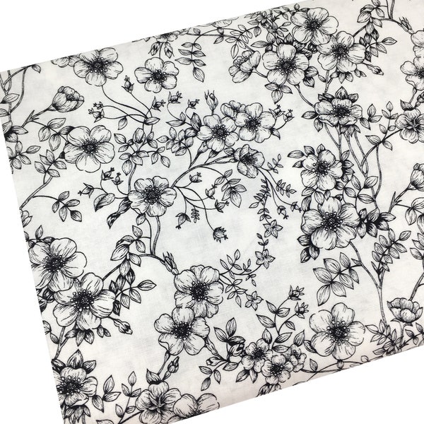 End of the Bolt 10" by 44" Black and White Flowers Fabric, Black Roses, Quilting, Apparel, 100% Cotton