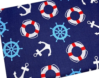 Navy Nautical Fabric by the Yard, Ships and Boats, Quilting Cotton, B9-1