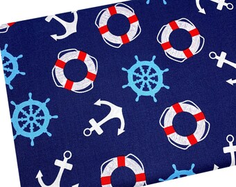 End of Bolt 7”x 44" Navy Nautical Fabric, Ships and Boats, Quilting Cotton