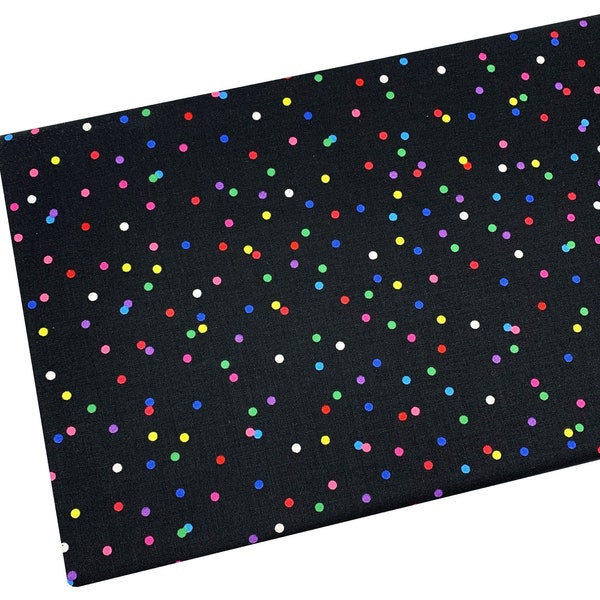 End of the Bolt 7" by 44" Celebrate Dots Fabric, Polka Colorful Dots on Black, Quilting, Apparel, 100% Cotton