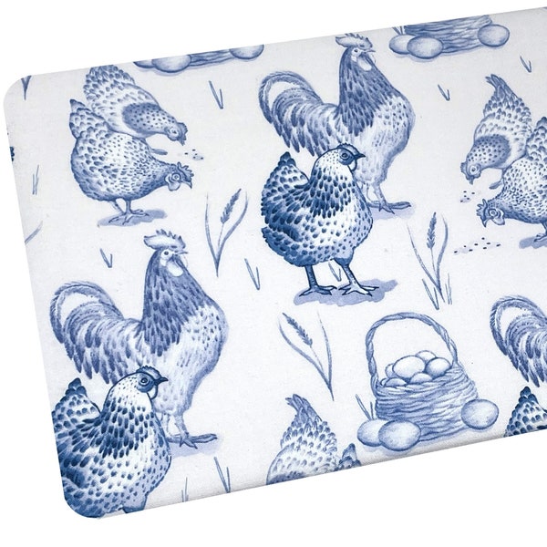 Toile Chicken Fabric, Blue Hens and Roosters, Fabric by the Yard, Fat Quarter, Quilting, Apparel, 100% Cotton B1-23