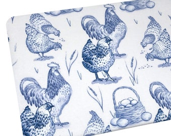 Toile Chicken Fabric, Blue Hens and Roosters, Fabric by the Yard, Quilting Cotton B1-23