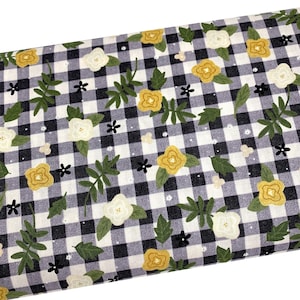 Floral on Gingham Fabric, Black Check Flowers, Rustic Quilting Fabric, Fabric by the yard, Quilting Fabric, Apparel, 100% Cotton, B10-5