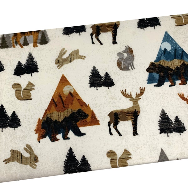 End of the Bolt 9" by 44" Sunset Mountain Fabric, Forest Animals, Bear Deer Fox, Quilting, Apparel, 100% Cotton