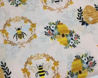 Pink Blue Flowers /& Bumble Bees on Blue 100/% Cotton Fabric Floral Fabric