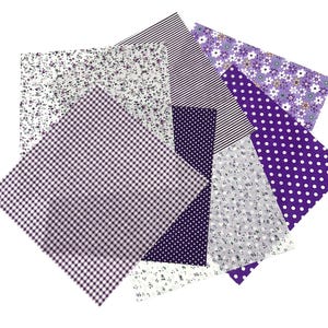 7 Squares 9.5&quot;x9.5&quot; Fabric Bundle, Purple and White Fabric, Flowers Dots Stripes, Quilting Precut, 100% Cotton Fabric