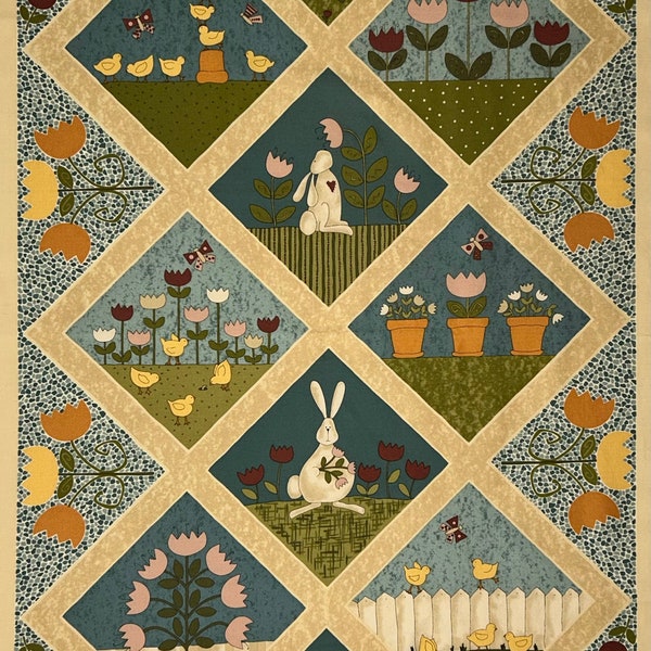 Bunny Hop Fabric Panel 23" by 44" by Kim Schaefer for Andover, Rabbit Quilt, Quilting, Apparel, 100% Cotton, Pattern 3865