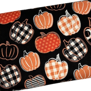 Pumpkin Patterns on Black Fabric by the Yard, Checks and Dots, Quilting Cotton