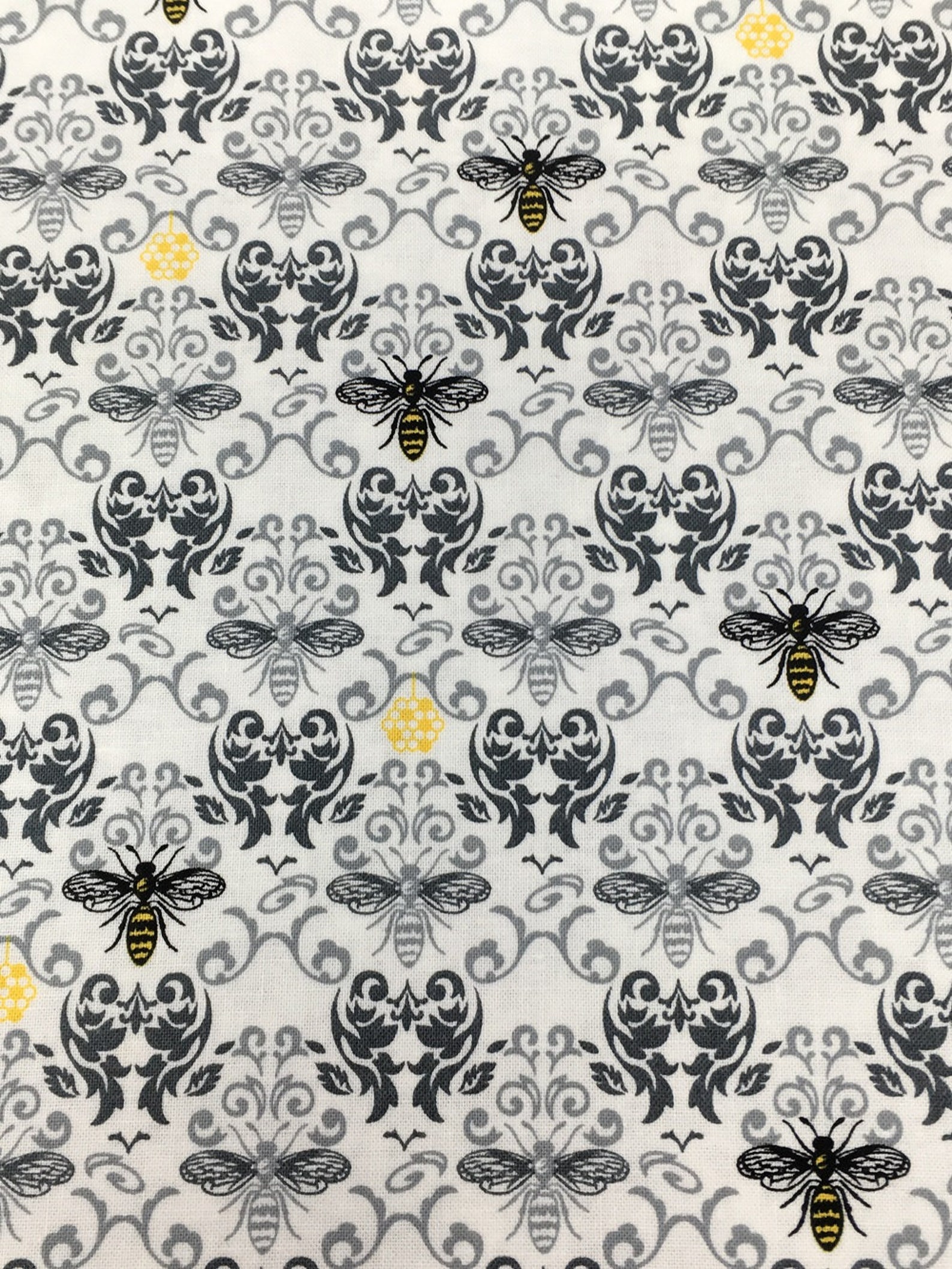 Bee Damask Fabric Black Damask And Bees Fabric By The Yard Etsy