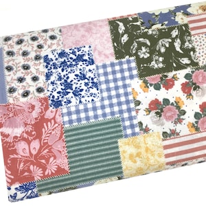 May include: Patchwork fabric with a variety of floral, checkered, and striped patterns in shades of pink, blue, green, and white.