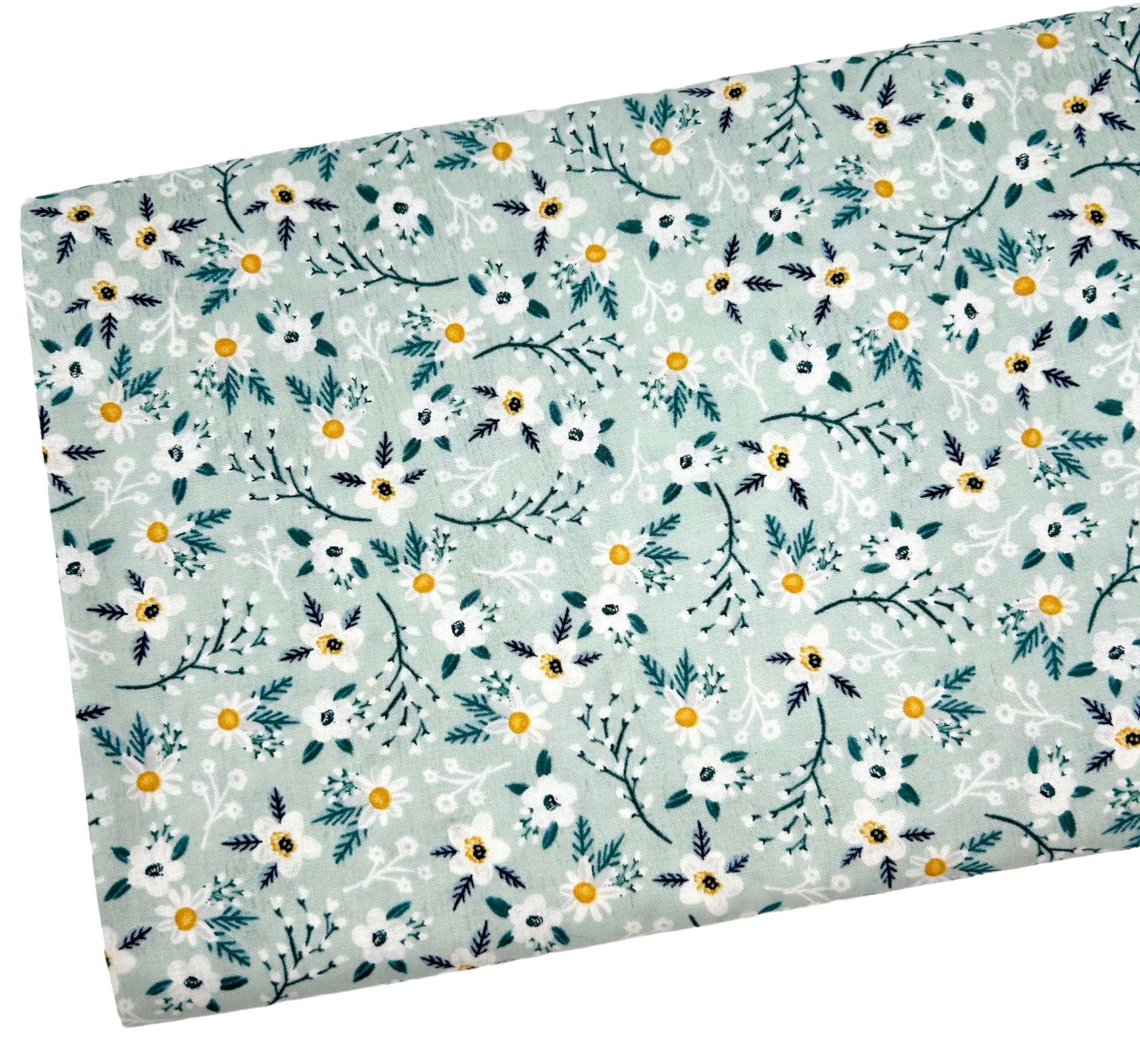 Textured Mini Floral Fabric, Sage White Yellow Flowers, Fabric by the yard, Fat Quarter, Quilting, Apparel, 100% Cotton, B9-6