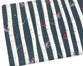 Winterland Fabric by the Yard, Main Midnight by Riley Blake, Tiny Birds and Trees, Quilting Cotton